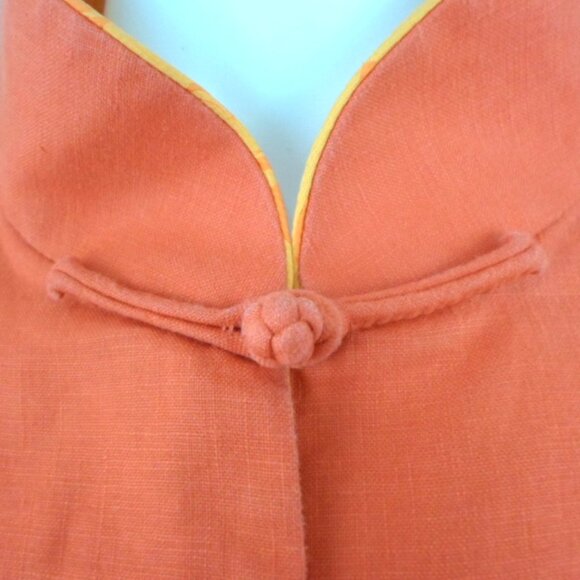 Pearl River Mandarin Tang 100% Flax Jacket Orange Cuff Sleeve Frog Clasp - Picture 2 of 7